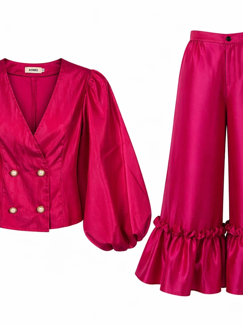 Aomei Fuchsia Satin Wide-Leg Ruffle Hem Pants